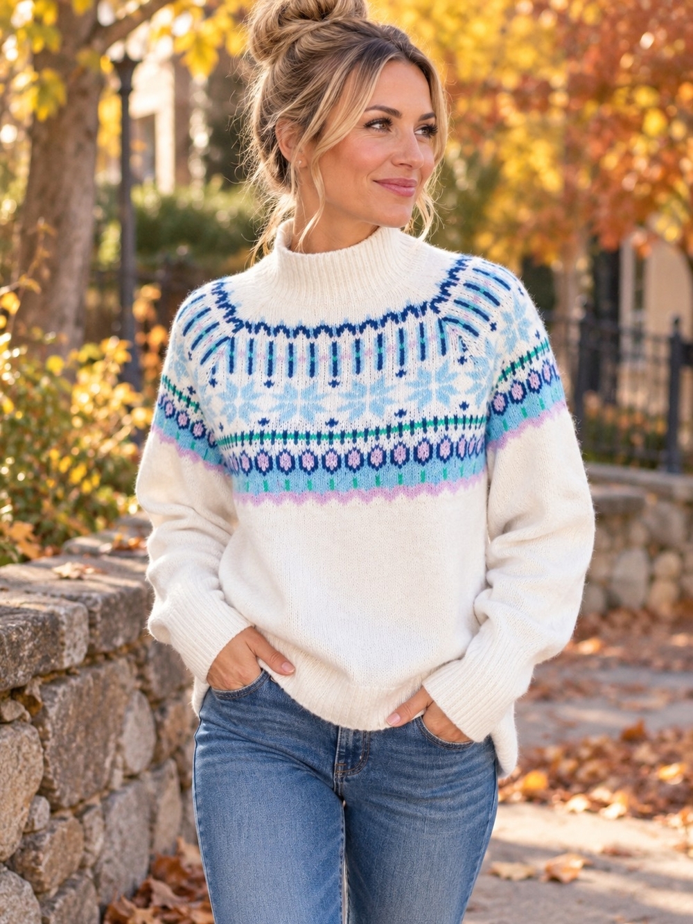 Old Navy Fair Isle Nordic Mock Neck Sweater Large Wool Blend Ivory Blue